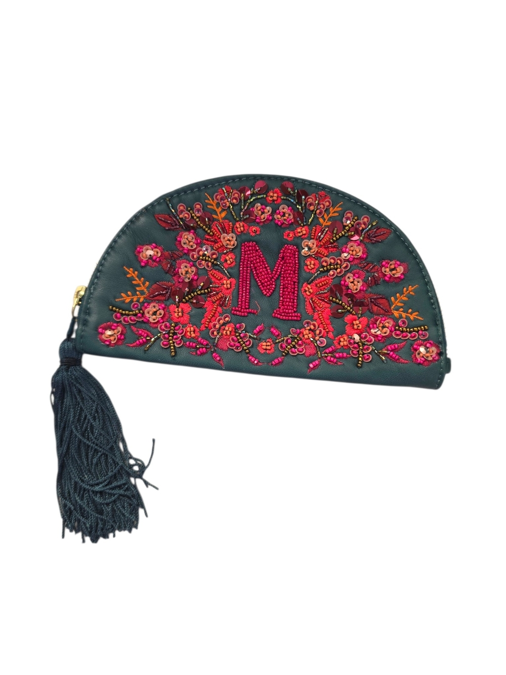 Anna Harlow Russo x Anthropologie Leather Beaded Bag Letter M Monogram Clutch